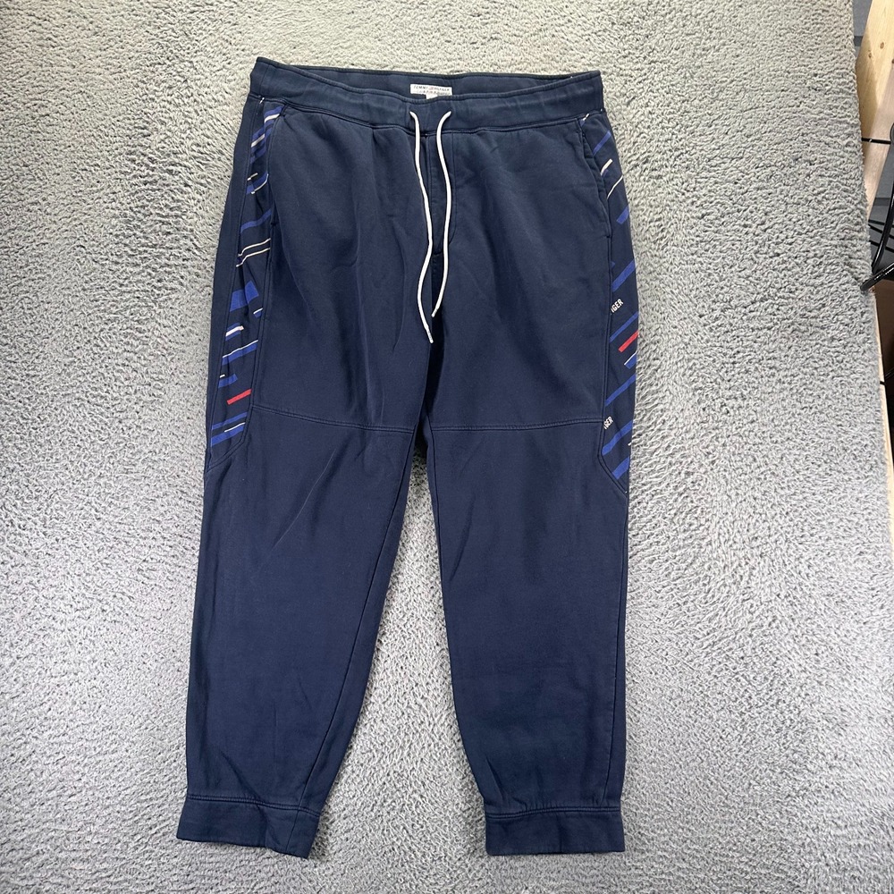 Tommy Hilfiger Sweatpants Mens XL Blue Cotton Tapered Fleece Lined Gym Workout